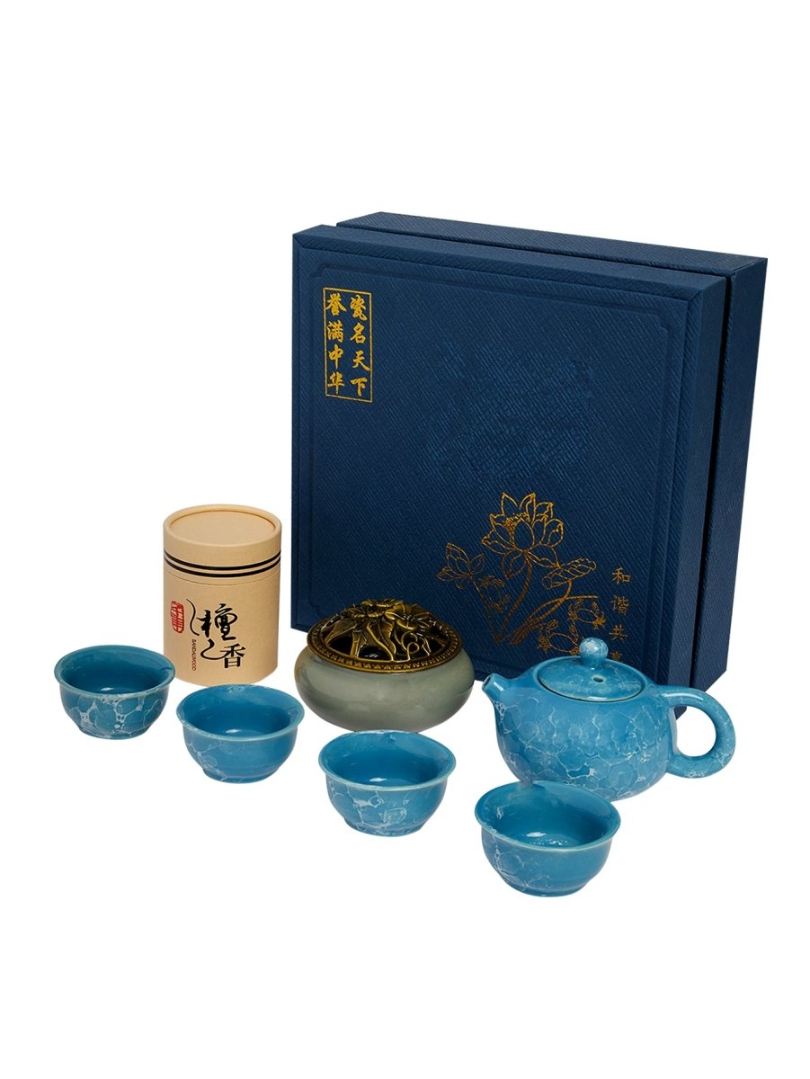 Dehua Jade-Luster Porcelain Tea Set – Stone Grain Blue - Yomkey