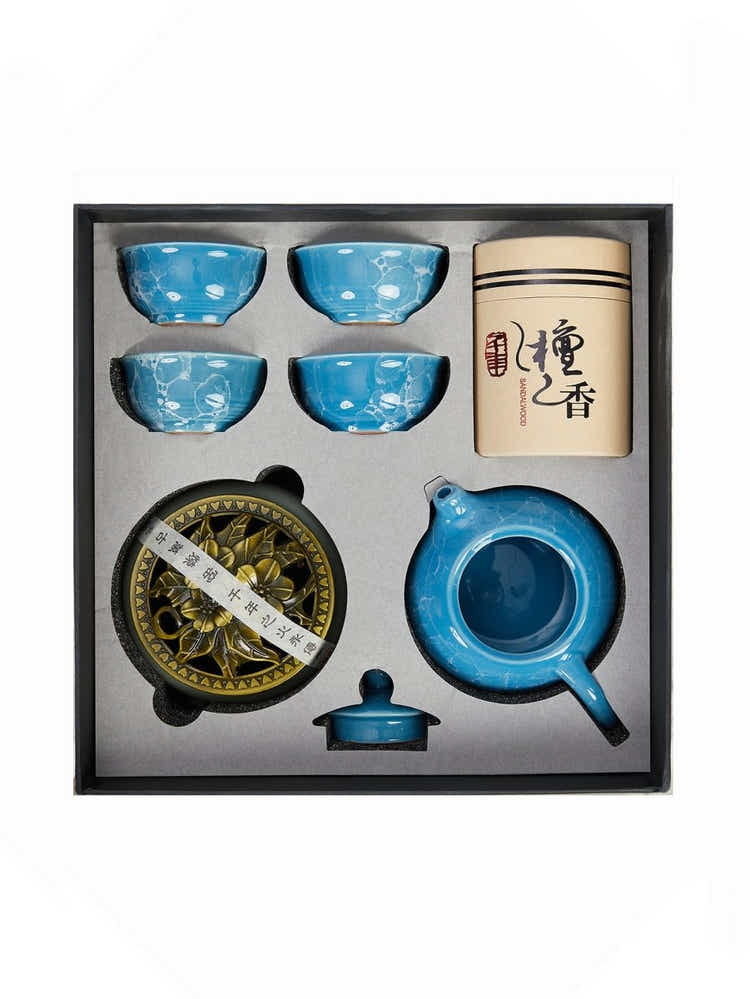 Dehua Jade-Luster Porcelain Tea Set – Stone Grain Blue - Yomkey