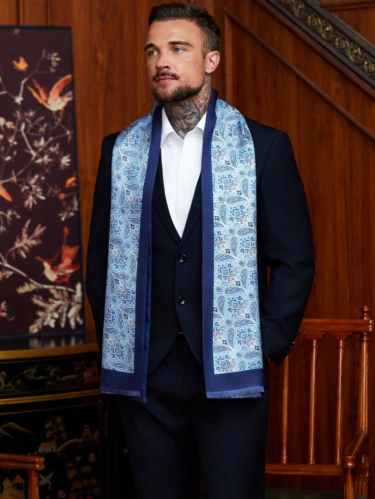 Double - Layer Silk Scarf | Azure Paisley Motif | Classic Men's Neckwear - Yomkey