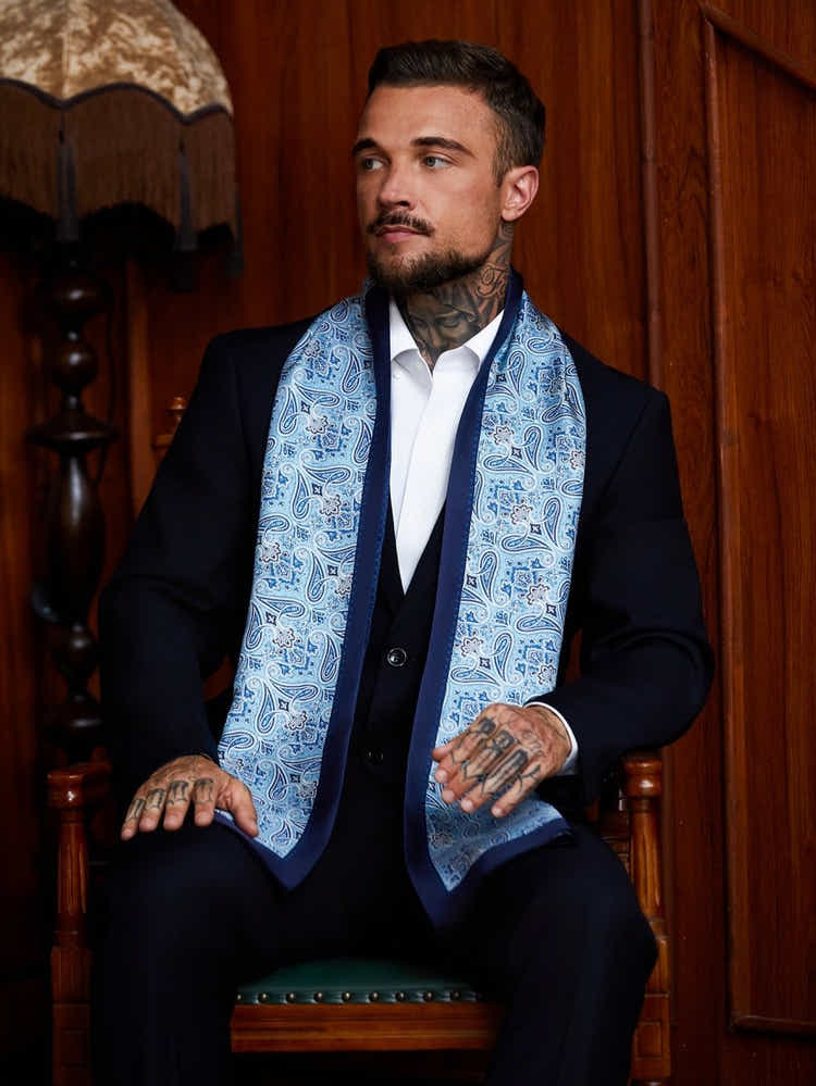 Double - Layer Silk Scarf | Azure Paisley Motif | Classic Men's Neckwear - Yomkey