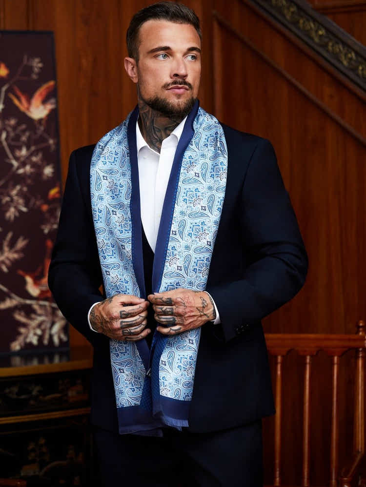 Double - Layer Silk Scarf | Azure Paisley Motif | Classic Men's Neckwear - Yomkey