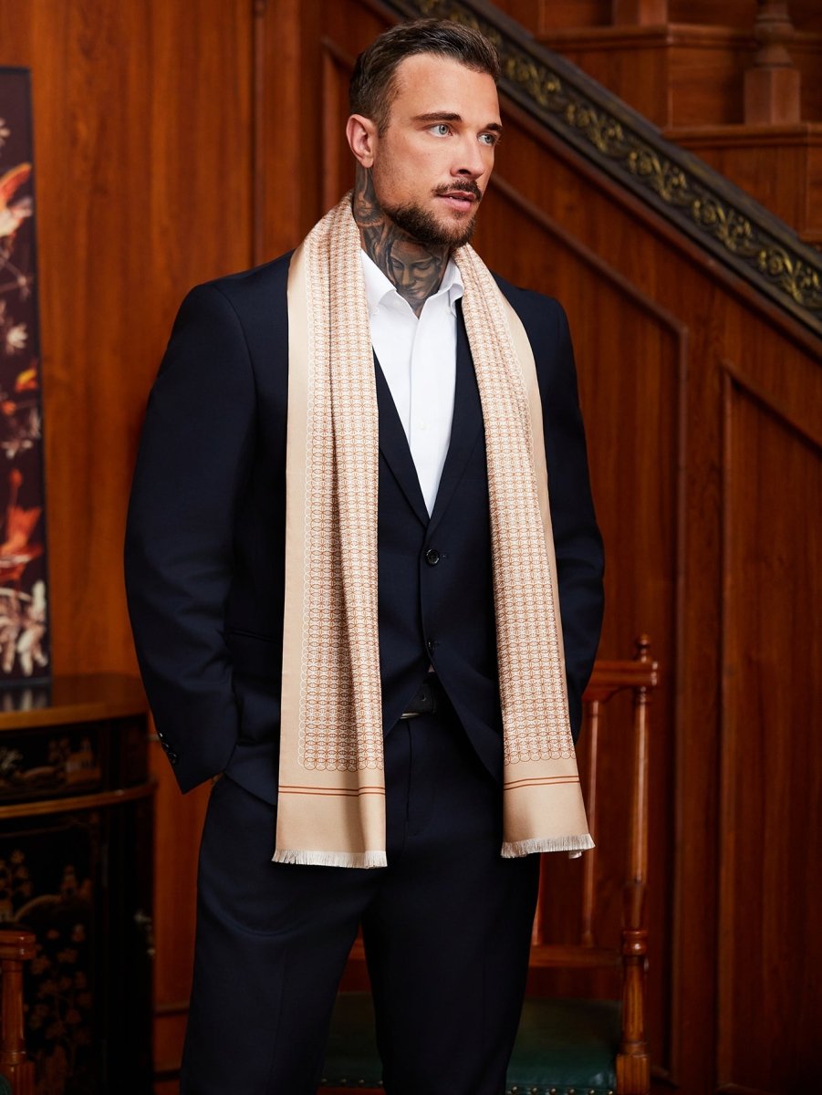 Double - Layer Silk Scarf | Champagne Geometric | Executive Men's Neckwear - Yomkey