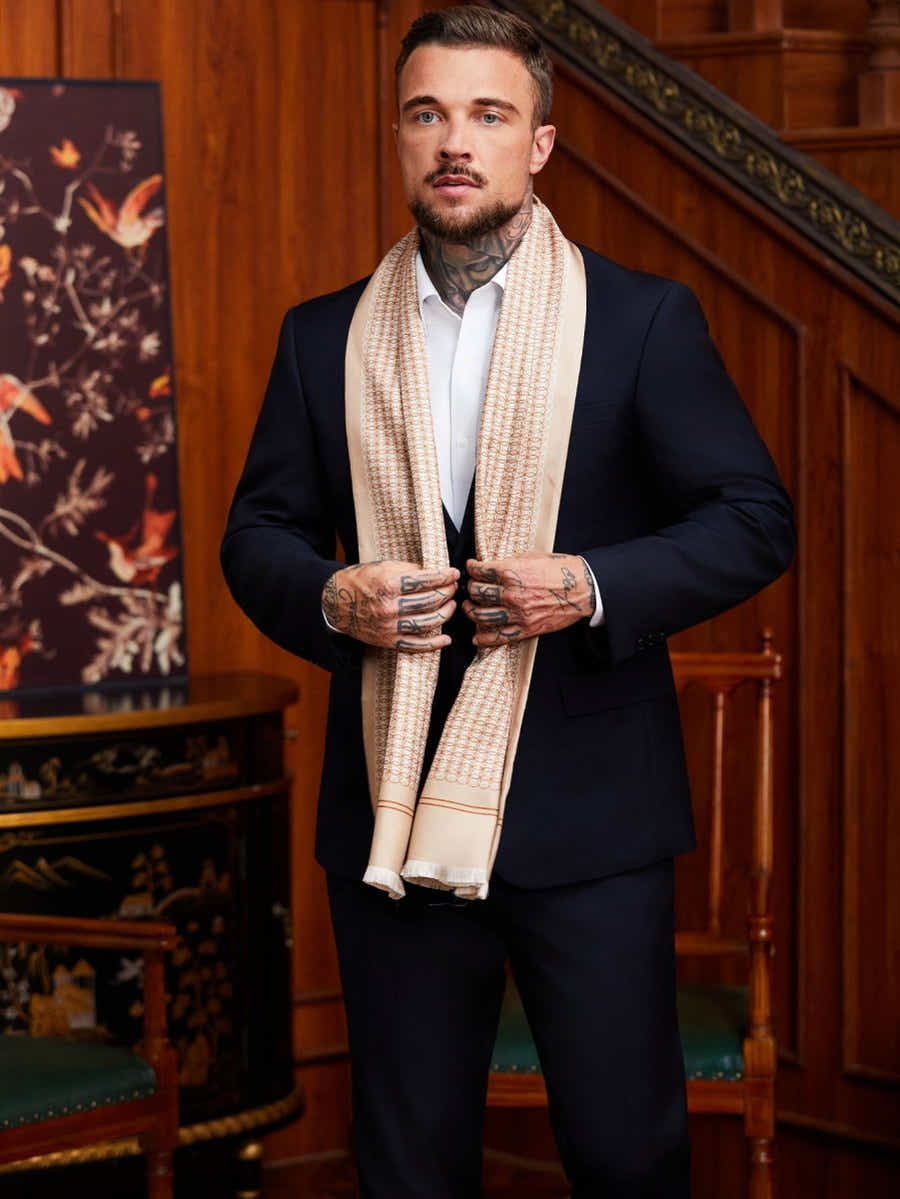 Double - Layer Silk Scarf | Champagne Geometric | Executive Men's Neckwear - Yomkey