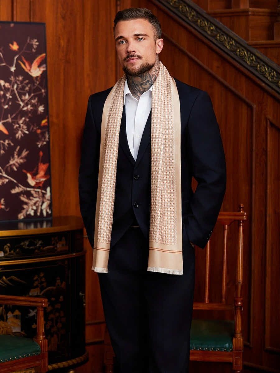 Double - Layer Silk Scarf | Champagne Geometric | Executive Men's Neckwear - Yomkey