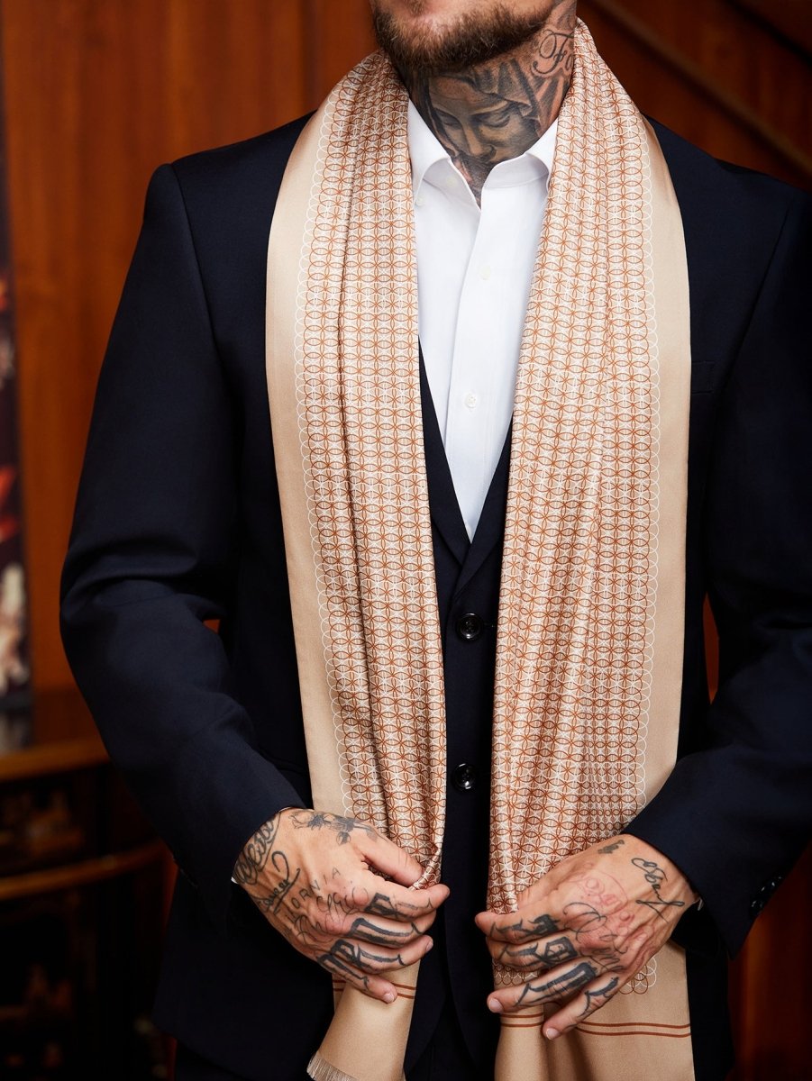 Double - Layer Silk Scarf | Champagne Geometric | Executive Men's Neckwear - Yomkey