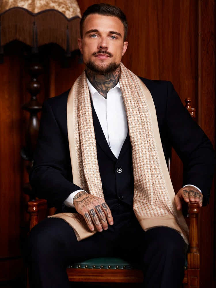 Double - Layer Silk Scarf | Champagne Geometric | Executive Men's Neckwear - Yomkey