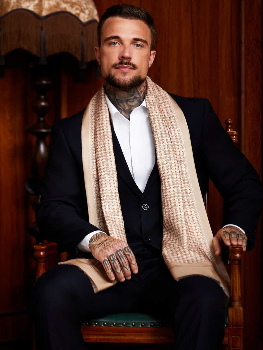 Double - Layer Silk Scarf | Champagne Geometric | Executive Men's Neckwear - Yomkey