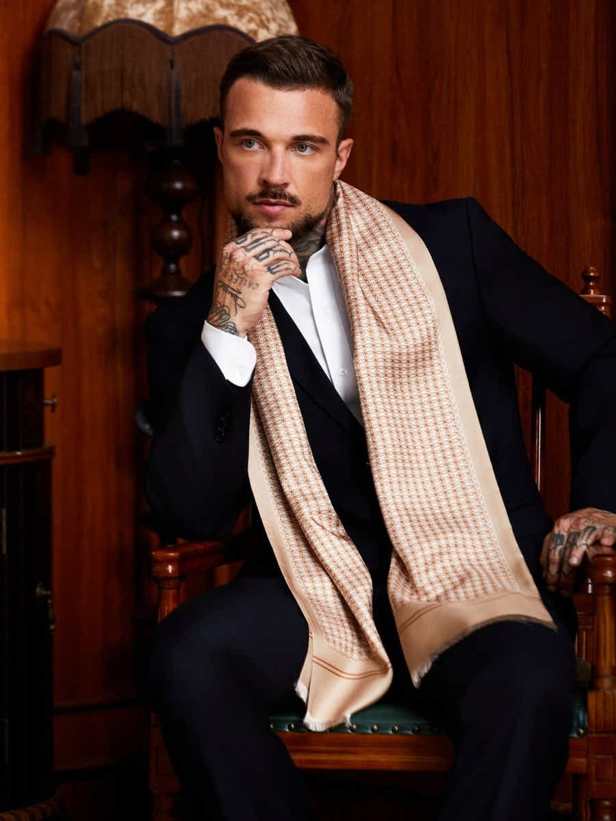 Double - Layer Silk Scarf | Champagne Geometric | Executive Men's Neckwear - Yomkey