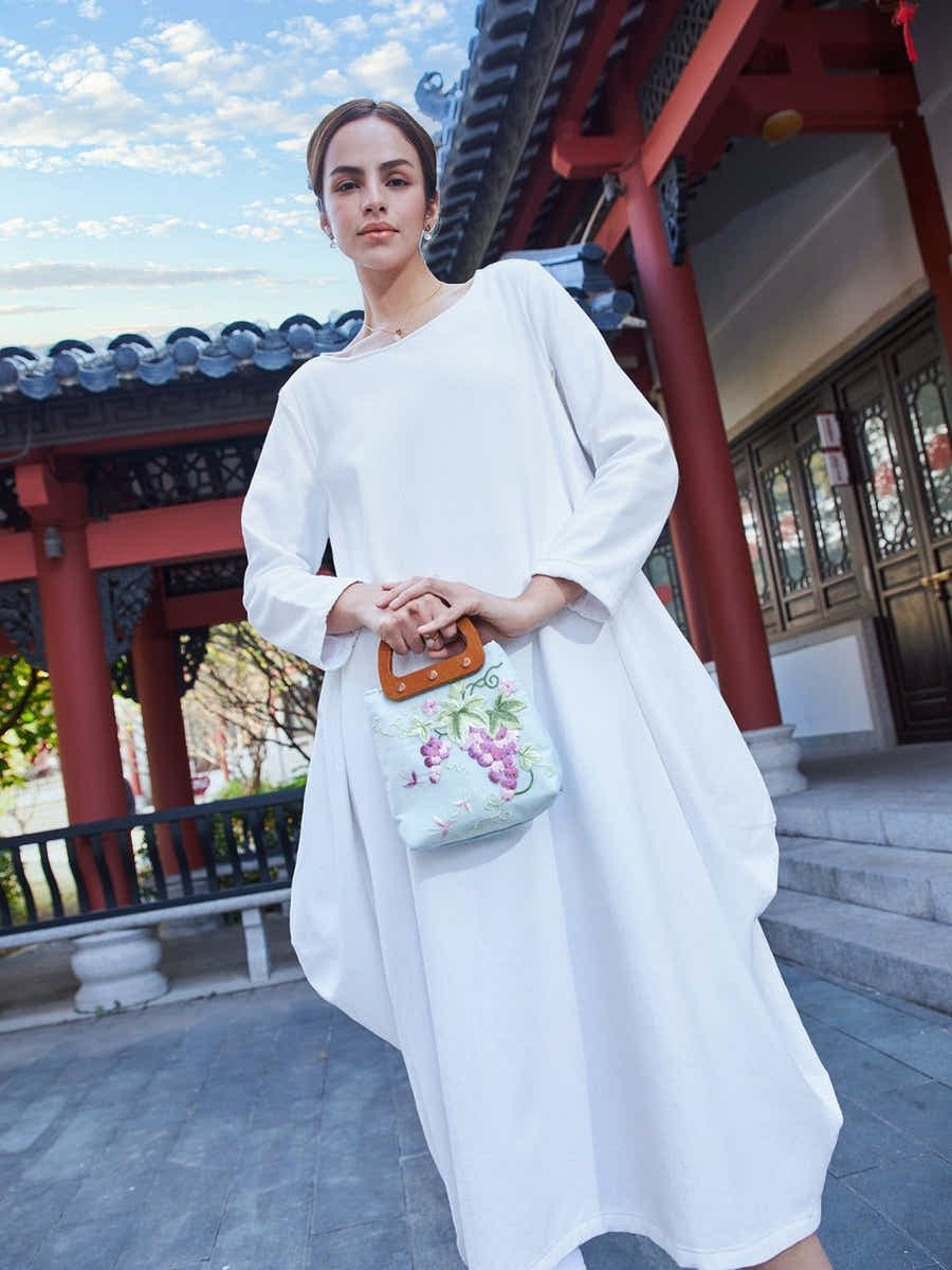 Eco Canvas Tote: Bamboo Handle, Grape Embroidery & Abundance Symbol - Yomkey