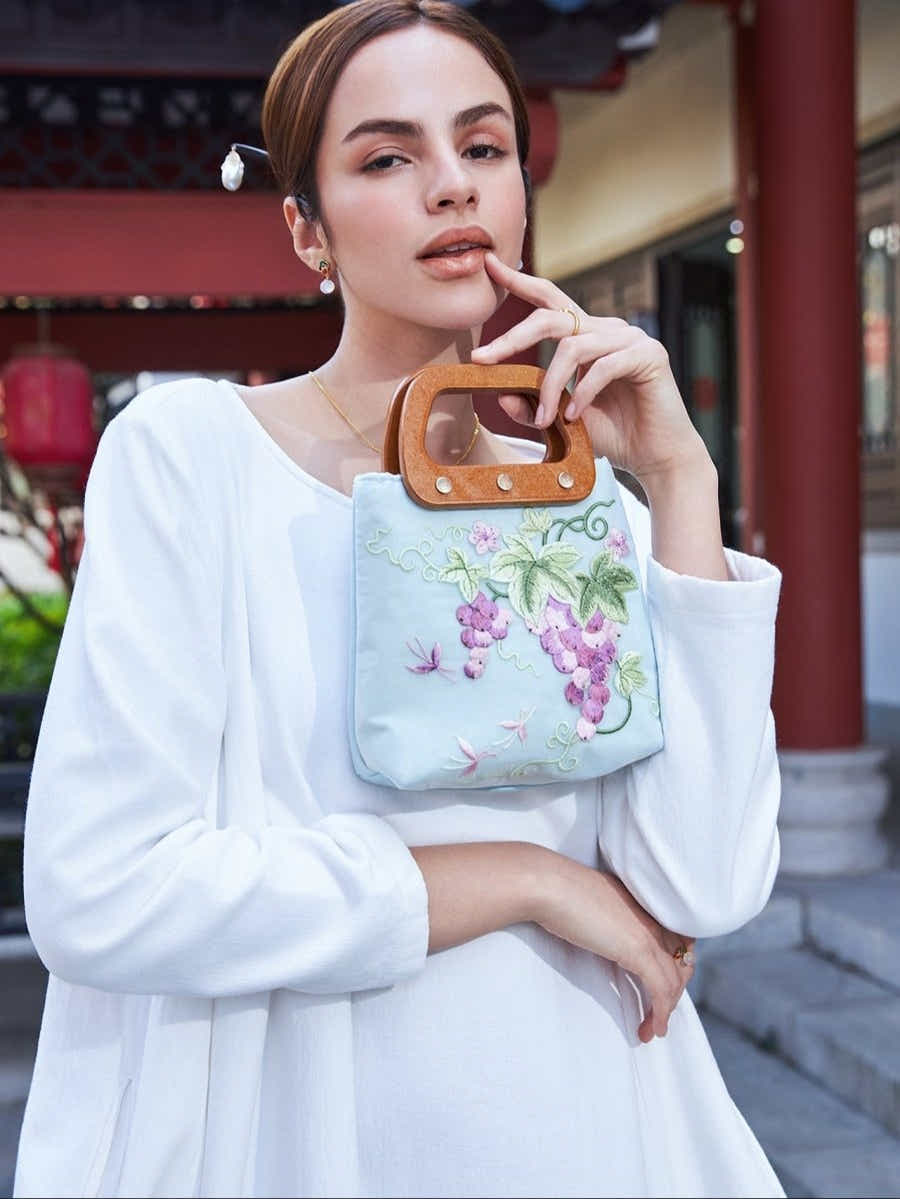 Eco Canvas Tote: Bamboo Handle, Grape Embroidery & Abundance Symbol - Yomkey