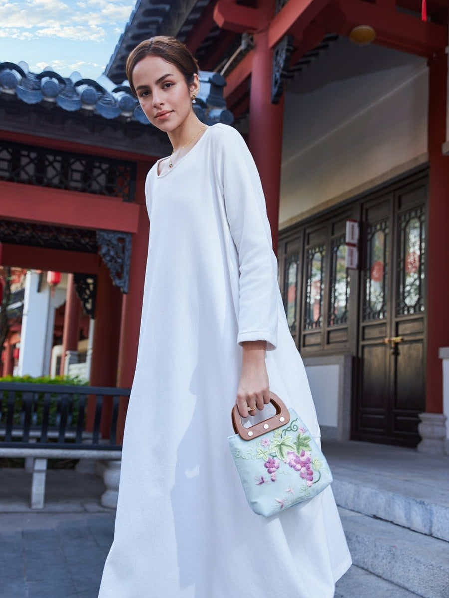 Eco Canvas Tote: Bamboo Handle, Grape Embroidery & Abundance Symbol - Yomkey