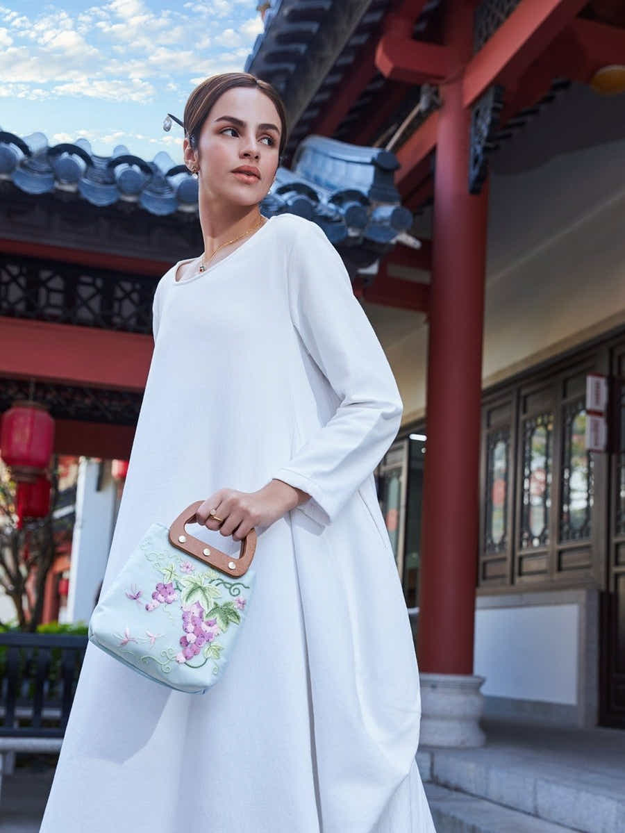 Eco Canvas Tote: Bamboo Handle, Grape Embroidery & Abundance Symbol - Yomkey