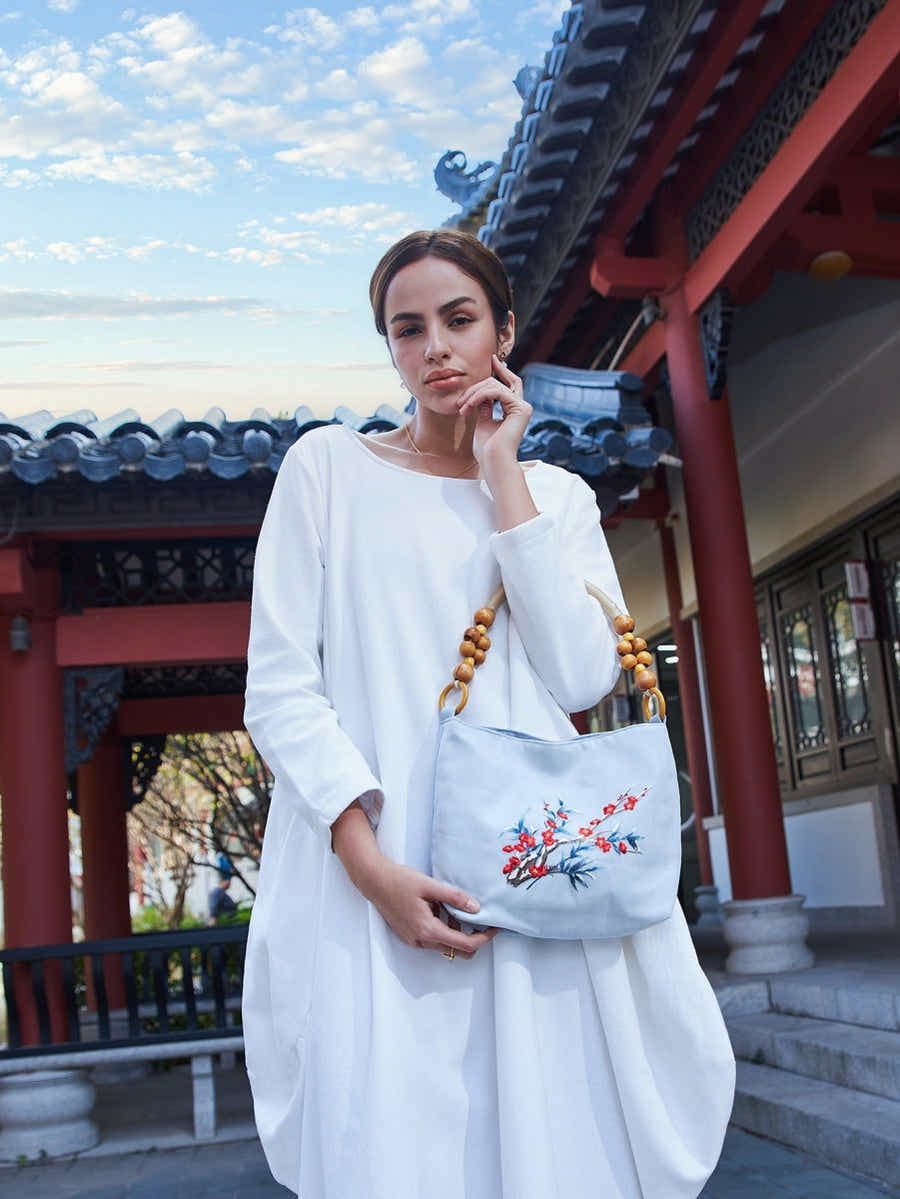 Eco Canvas Tote: Bamboo Handle, Plum Blossom Art & Resilience Symbol - Yomkey