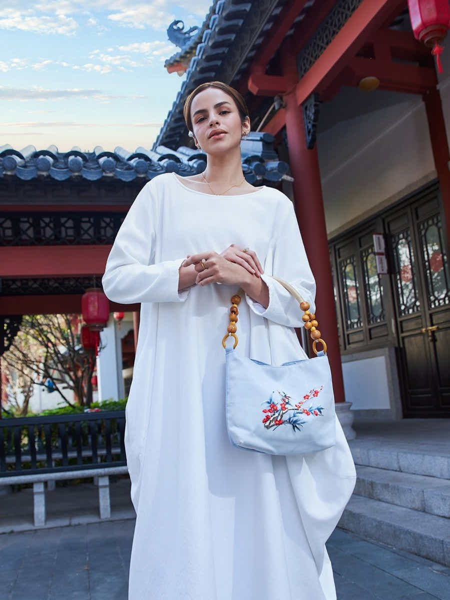 Eco Canvas Tote: Bamboo Handle, Plum Blossom Art & Resilience Symbol - Yomkey