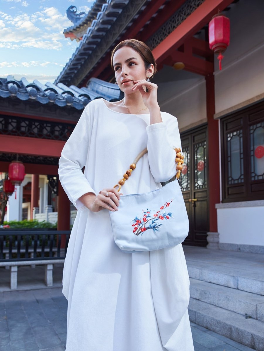 Eco Canvas Tote: Bamboo Handle, Plum Blossom Art & Resilience Symbol - Yomkey