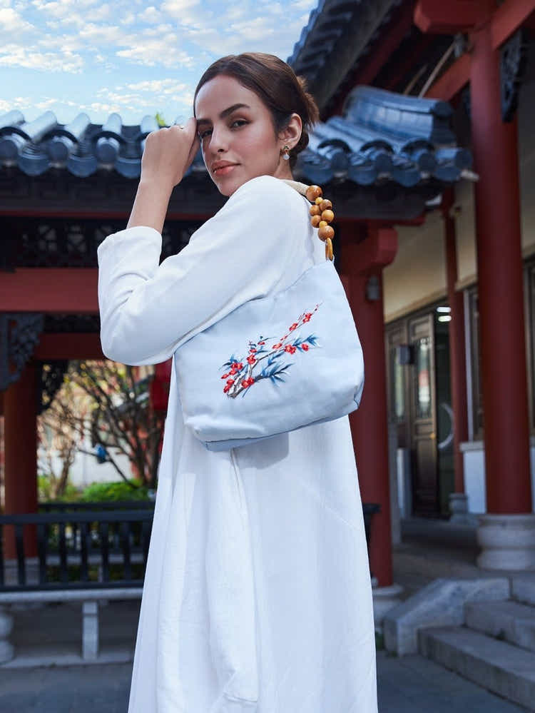 Eco Canvas Tote: Bamboo Handle, Plum Blossom Art & Resilience Symbol - Yomkey