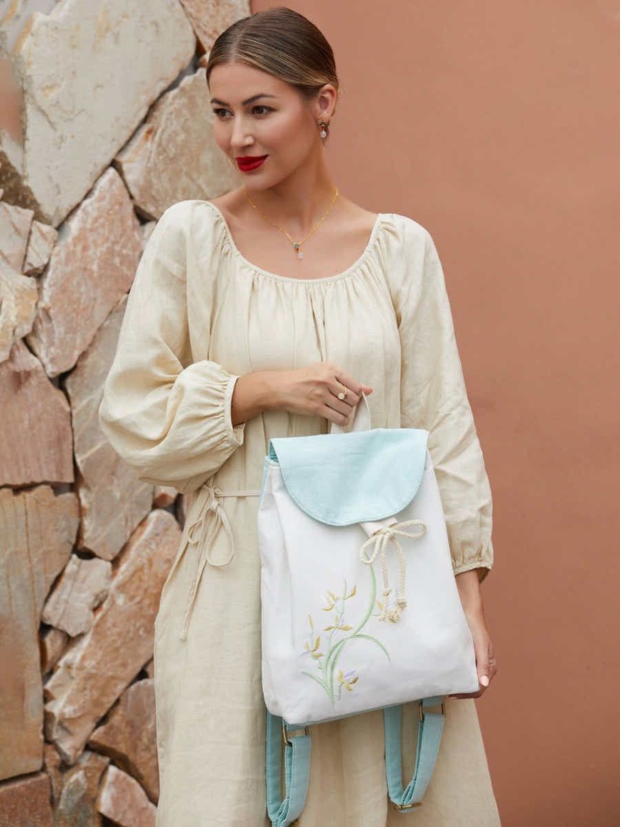 Elegant Orchid Su Xiu Embroidered, Lightweight Eco - Linen Daypack - Yomkey