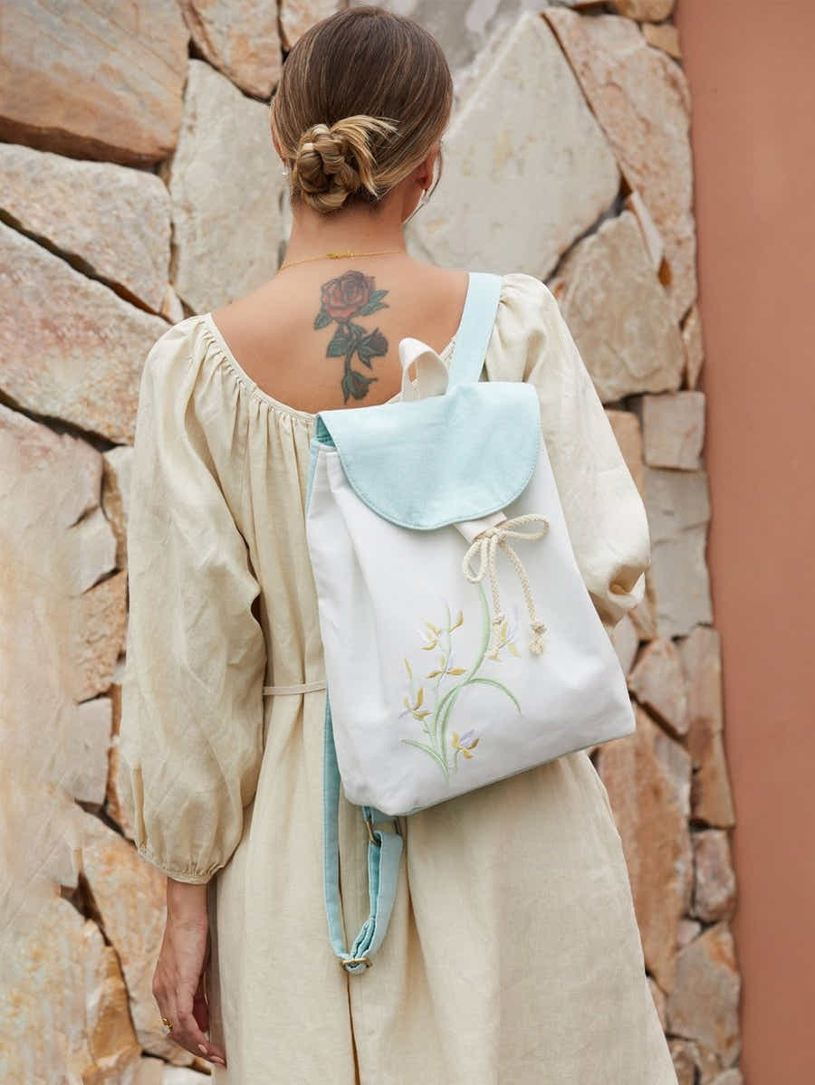 Elegant Orchid Su Xiu Embroidered, Lightweight Eco - Linen Daypack - Yomkey