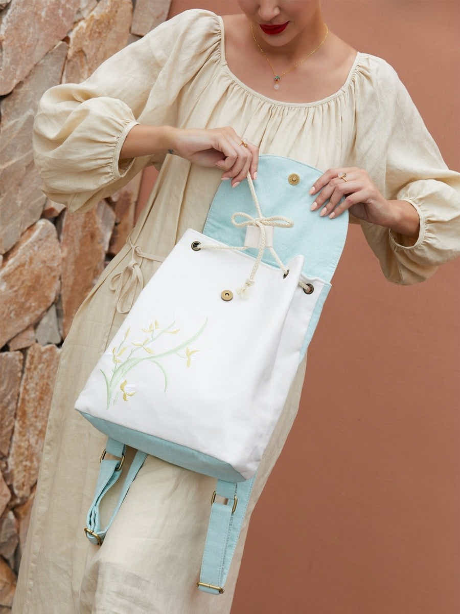 Elegant Orchid Su Xiu Embroidered, Lightweight Eco - Linen Daypack - Yomkey