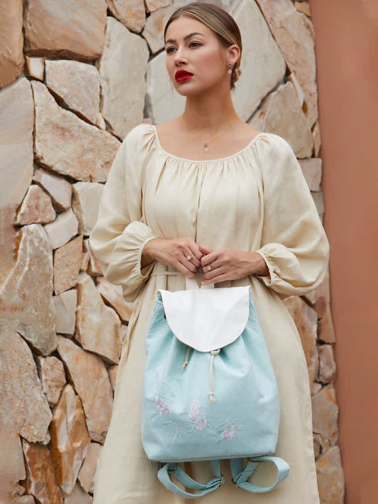 Exquisite Pear Blossom Embroidered, Lightweight Eco - Linen Daypack - Yomkey