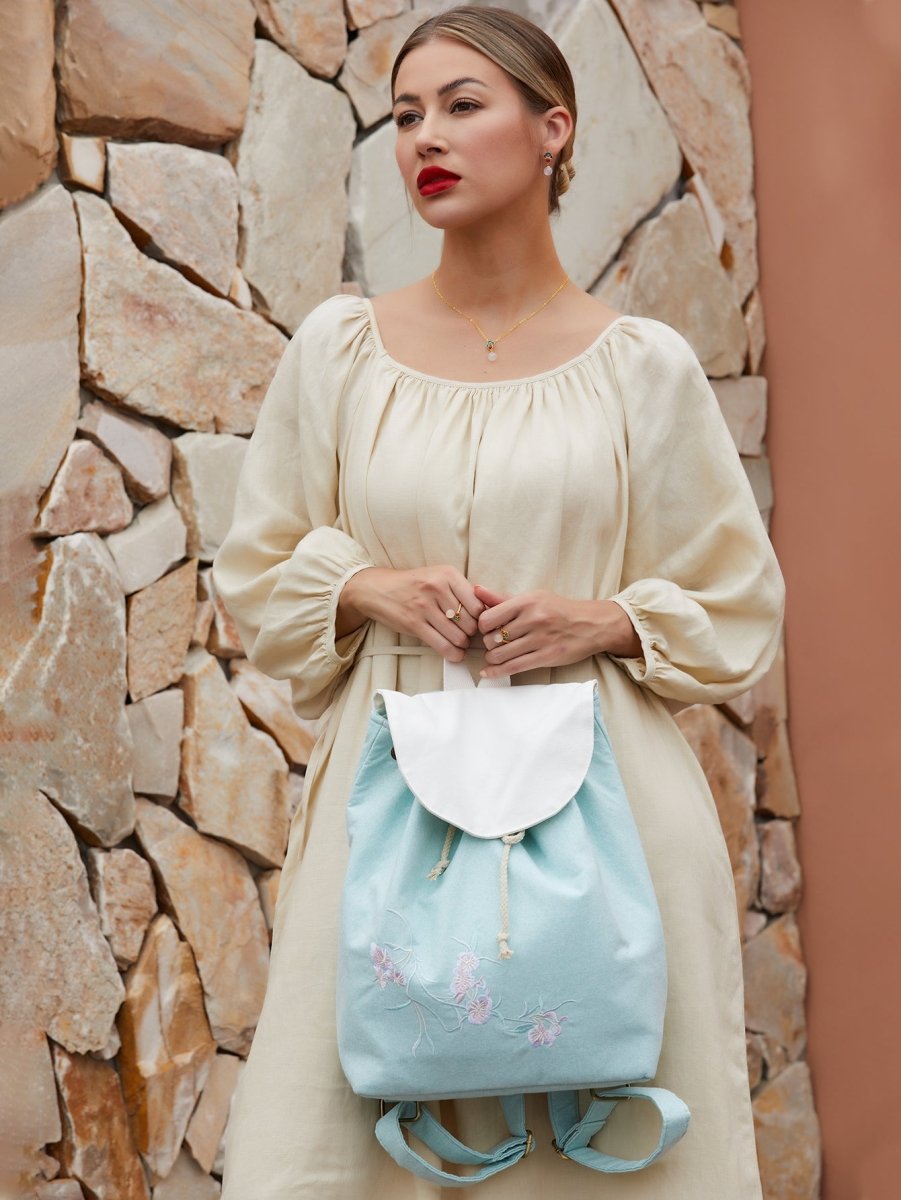 Exquisite Pear Blossom Embroidered, Lightweight Eco - Linen Daypack - Yomkey