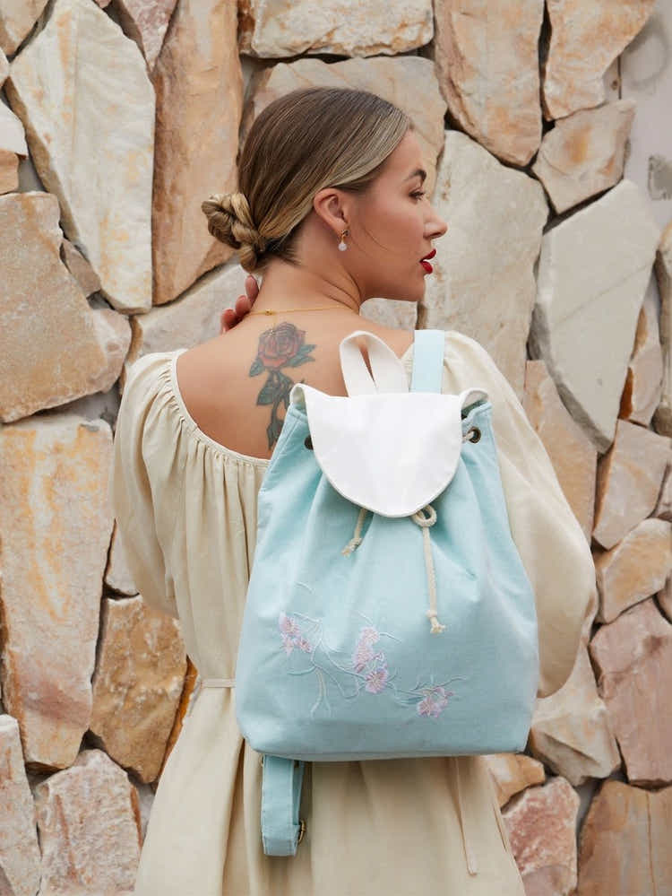 Exquisite Pear Blossom Embroidered, Lightweight Eco - Linen Daypack - Yomkey