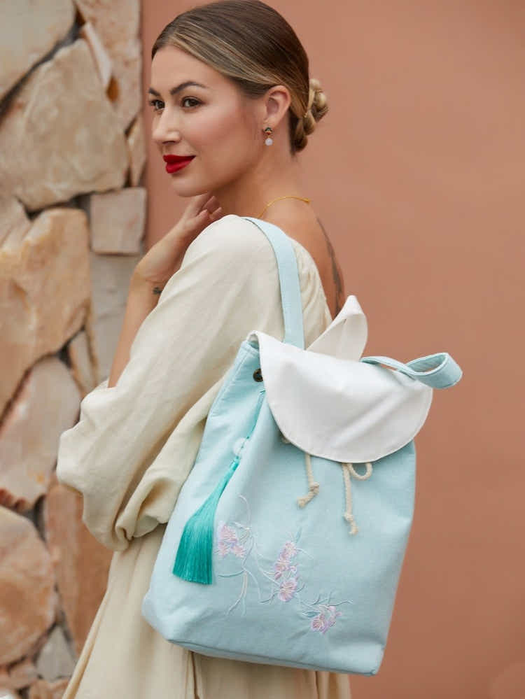 Exquisite Pear Blossom Embroidered, Lightweight Eco - Linen Daypack - Yomkey