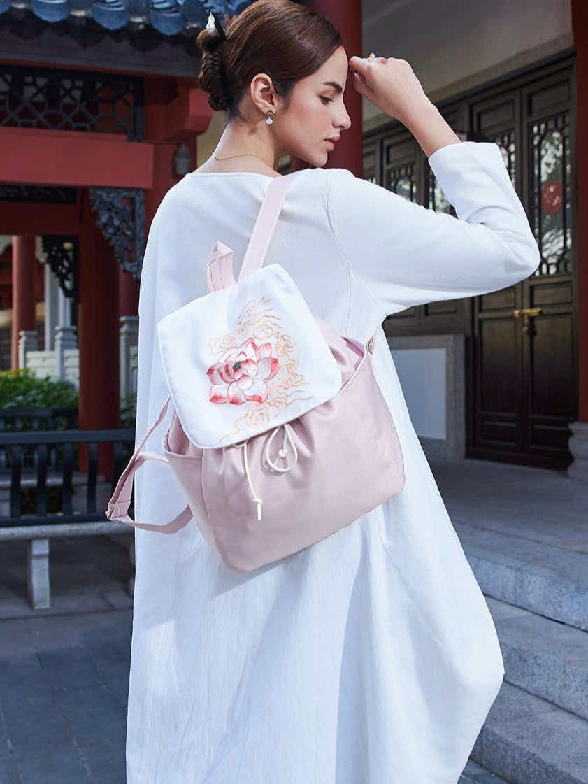 Exquisite Peony Su Xiu Embroidered, Lightweight Durable Linen Daypack - Yomkey