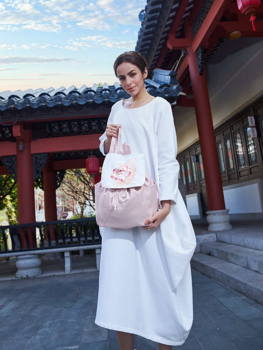 Exquisite Peony Su Xiu Embroidered, Lightweight Durable Linen Daypack - Yomkey