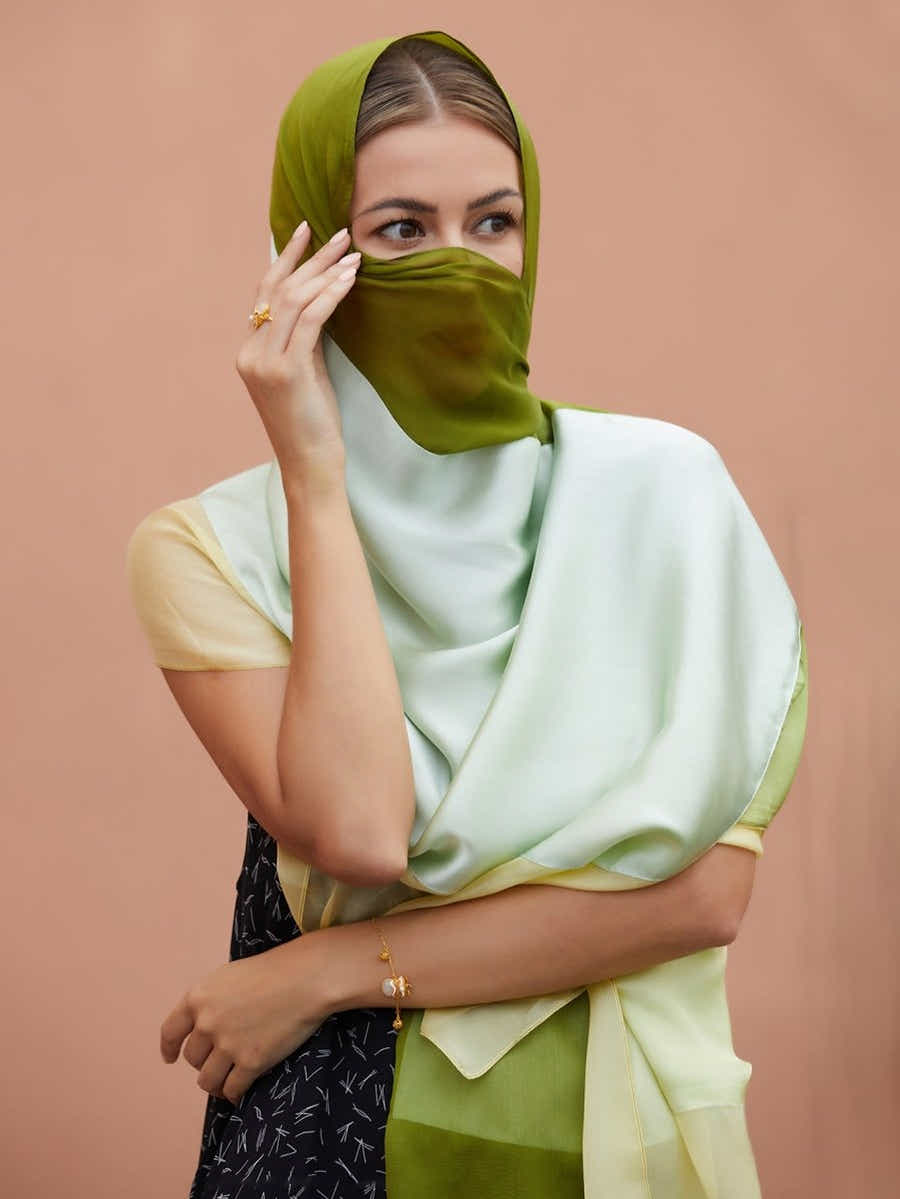 Hand - Embroidered Mulberry Gradient Green Silk Scarf - Su Embroidery Art - Yomkey