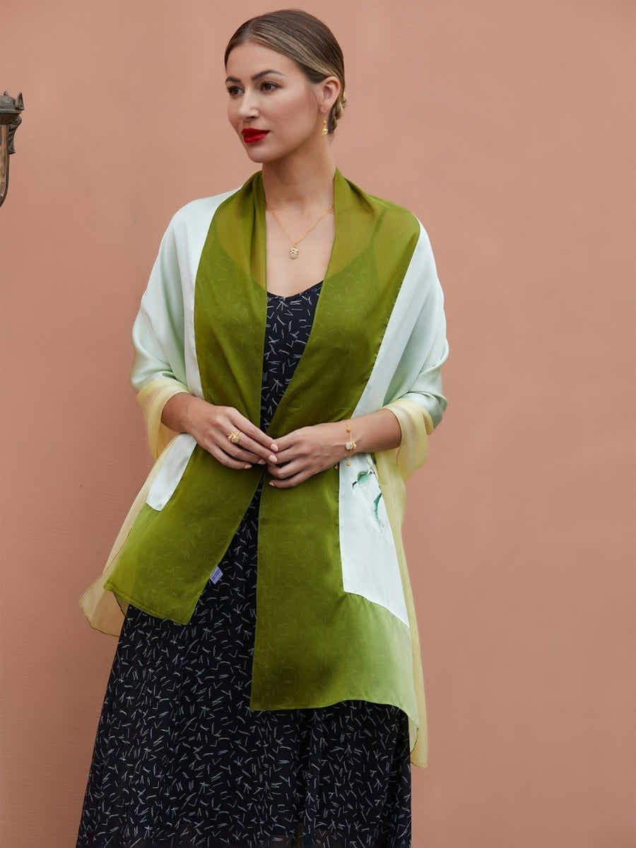 Hand - Embroidered Mulberry Gradient Green Silk Scarf - Su Embroidery Art - Yomkey