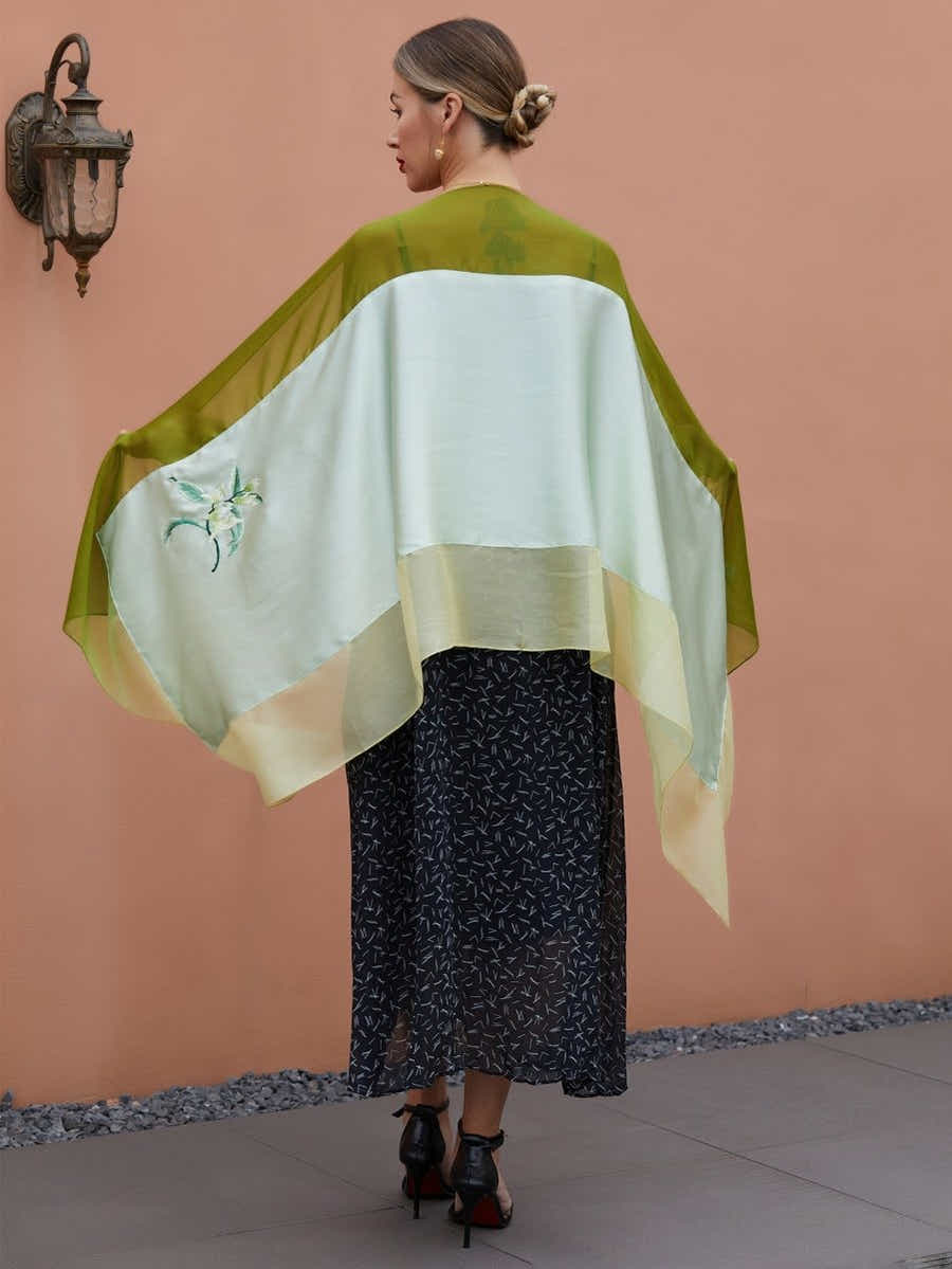 Hand - Embroidered Mulberry Gradient Green Silk Scarf - Su Embroidery Art - Yomkey