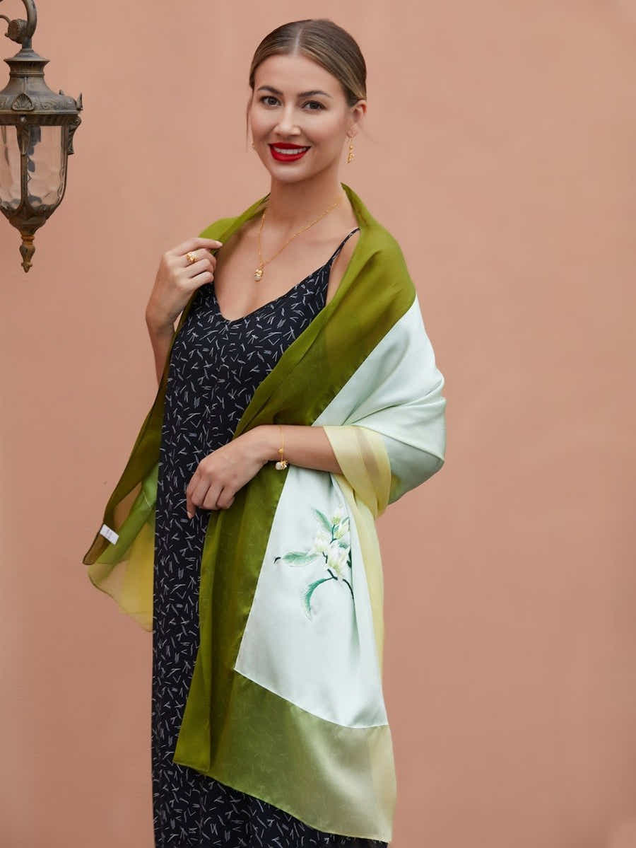 Hand - Embroidered Mulberry Gradient Green Silk Scarf - Su Embroidery Art - Yomkey