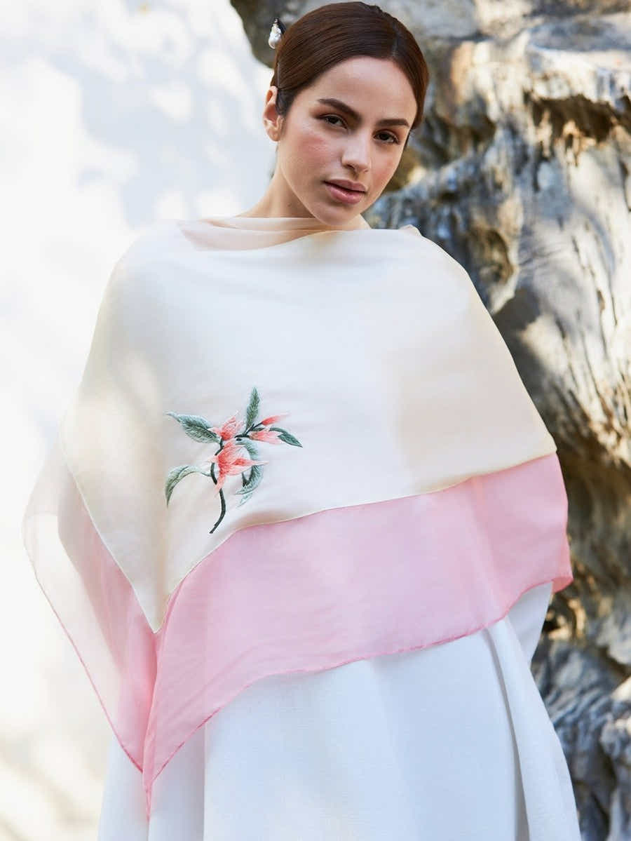 Hand - Embroidered Mulberry Pink Gradient Silk Scarf - Su Embroidery Art - Yomkey