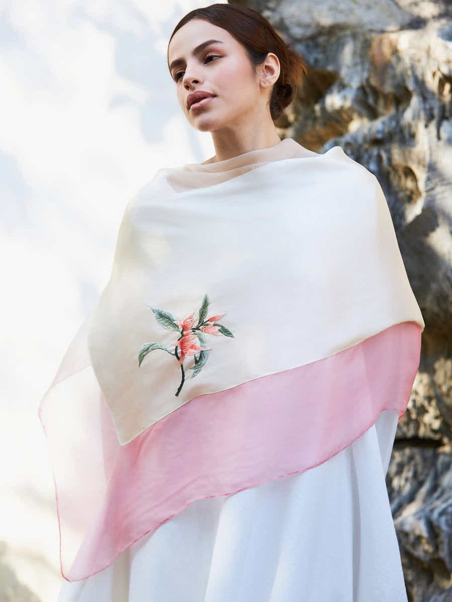 Hand - Embroidered Mulberry Pink Gradient Silk Scarf - Su Embroidery Art - Yomkey