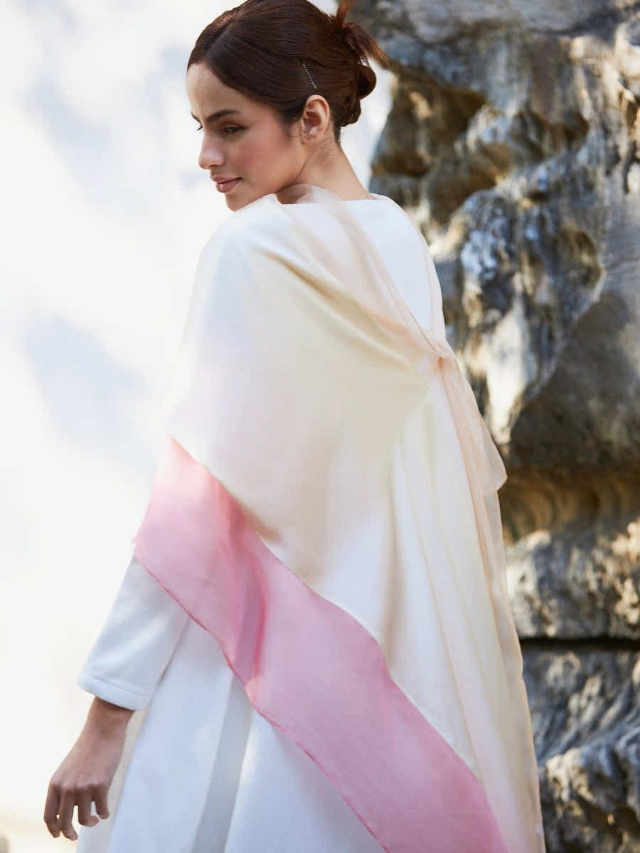 Hand - Embroidered Mulberry Pink Gradient Silk Scarf - Su Embroidery Art - Yomkey