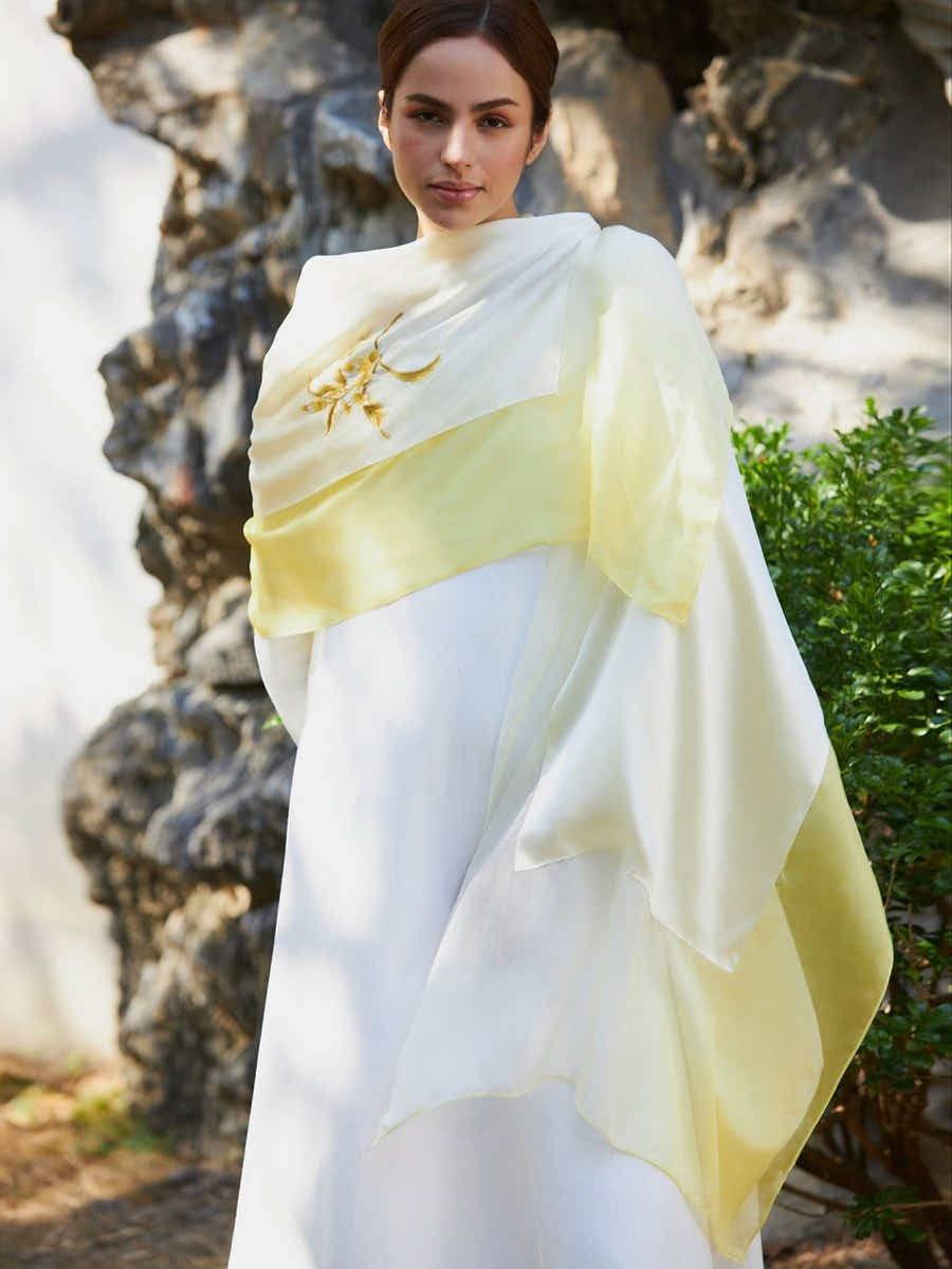 Hand - Embroidered Mulberry Yellow Gradient Silk Scarf - Su Embroidery Art - Yomkey