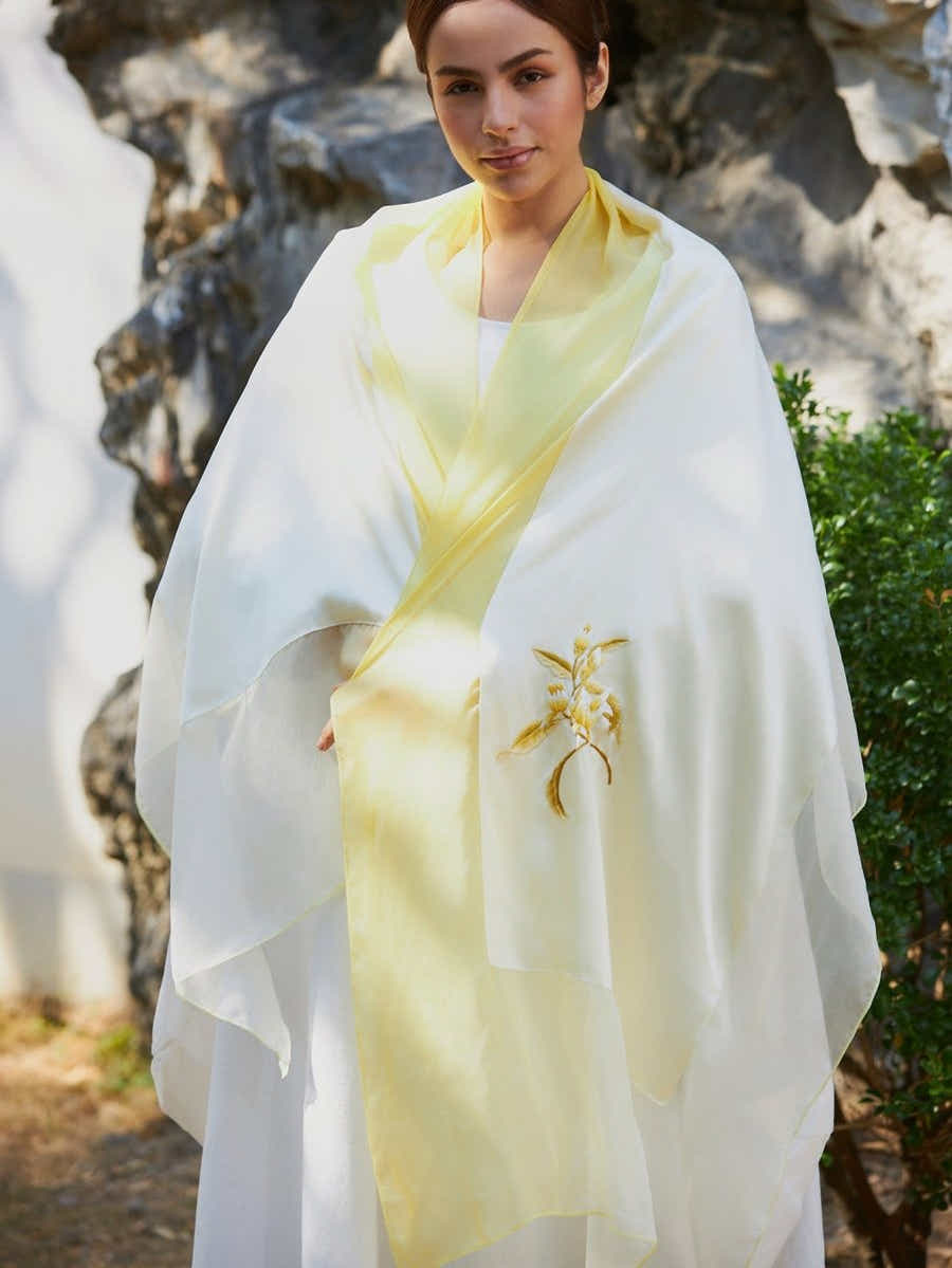 Hand - Embroidered Mulberry Yellow Gradient Silk Scarf - Su Embroidery Art - Yomkey