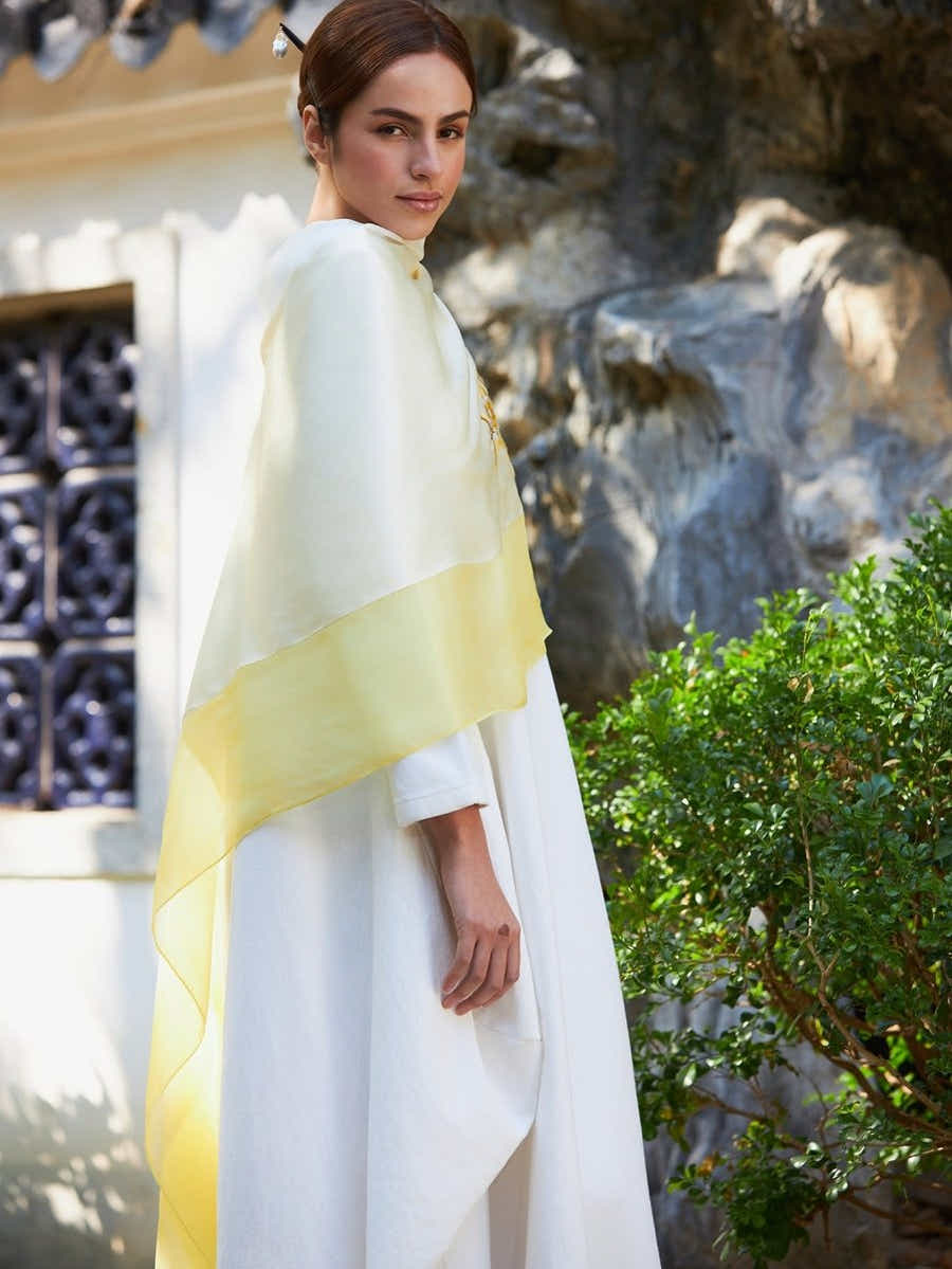 Hand - Embroidered Mulberry Yellow Gradient Silk Scarf - Su Embroidery Art - Yomkey