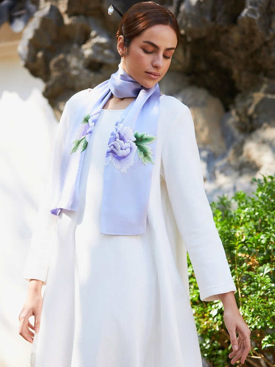 Hand - Embroidered Purple Peony Silk Scarf | Su Xiu Heritage - Yomkey
