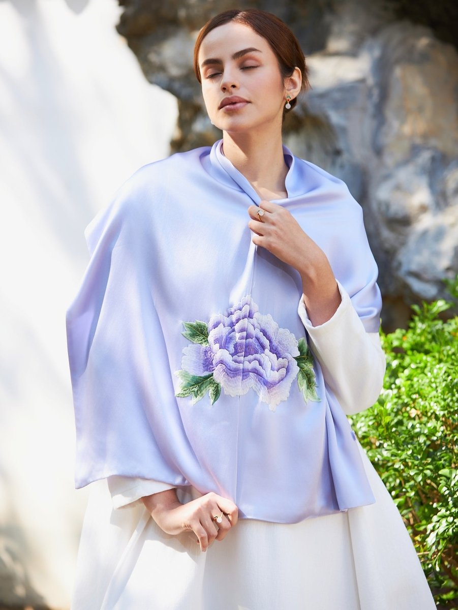 Hand - Embroidered Purple Peony Silk Scarf | Su Xiu Heritage - Yomkey