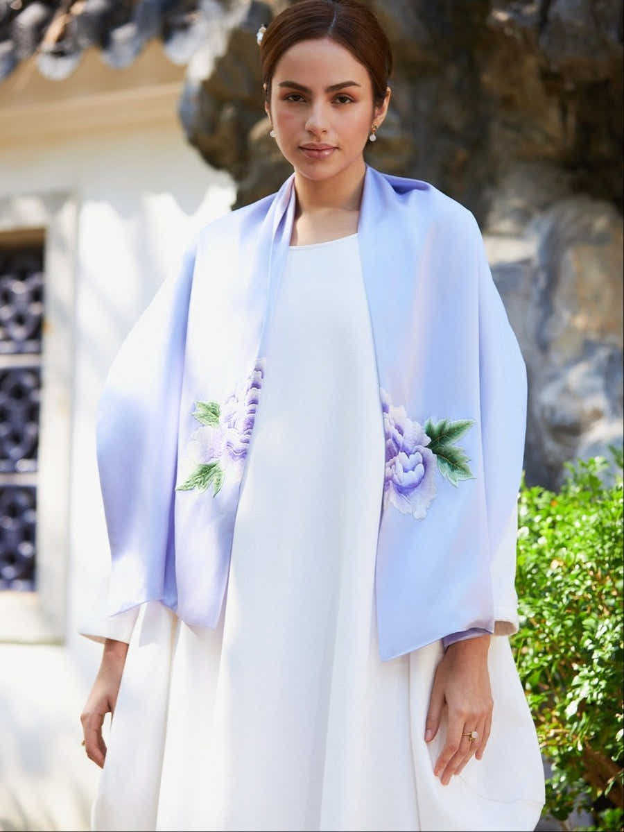 Hand - Embroidered Purple Peony Silk Scarf | Su Xiu Heritage - Yomkey