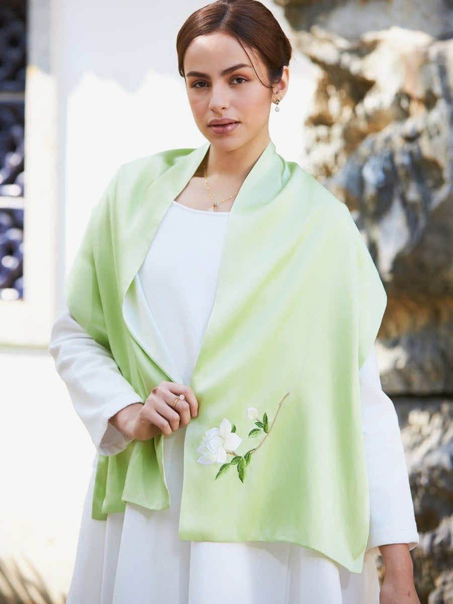 Hand - Embroidered Su Xiu Mulberry Silk Scarf – Gardenia Design - Yomkey