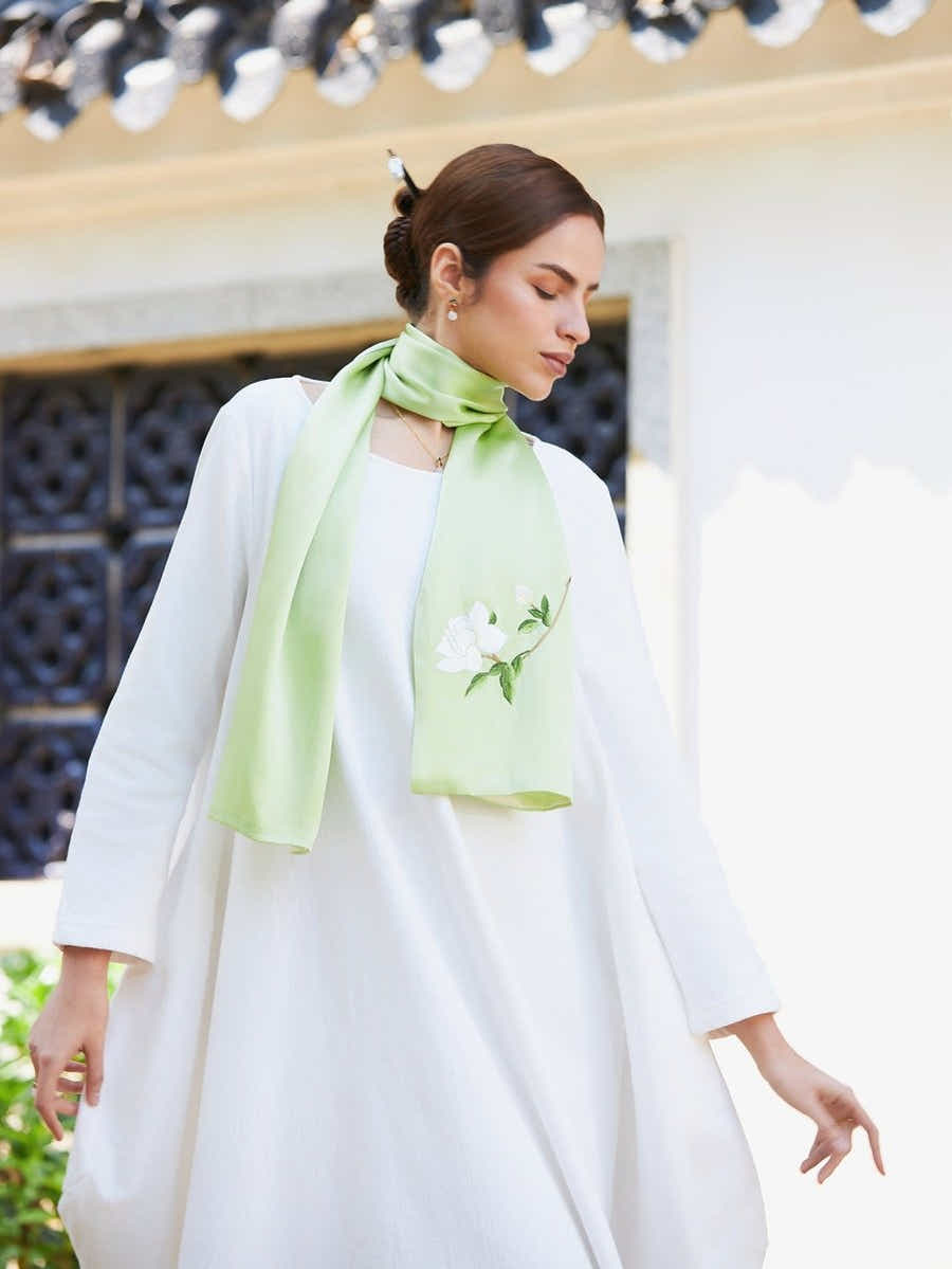 Hand - Embroidered Su Xiu Mulberry Silk Scarf – Gardenia Design - Yomkey