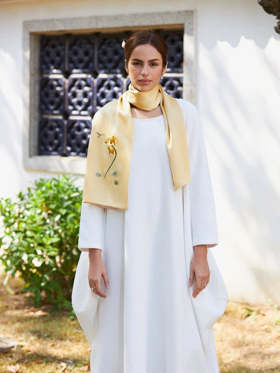 Hand - Embroidered Su Xiu Mulberry Silk Scarf – Golden Lotus - Yomkey
