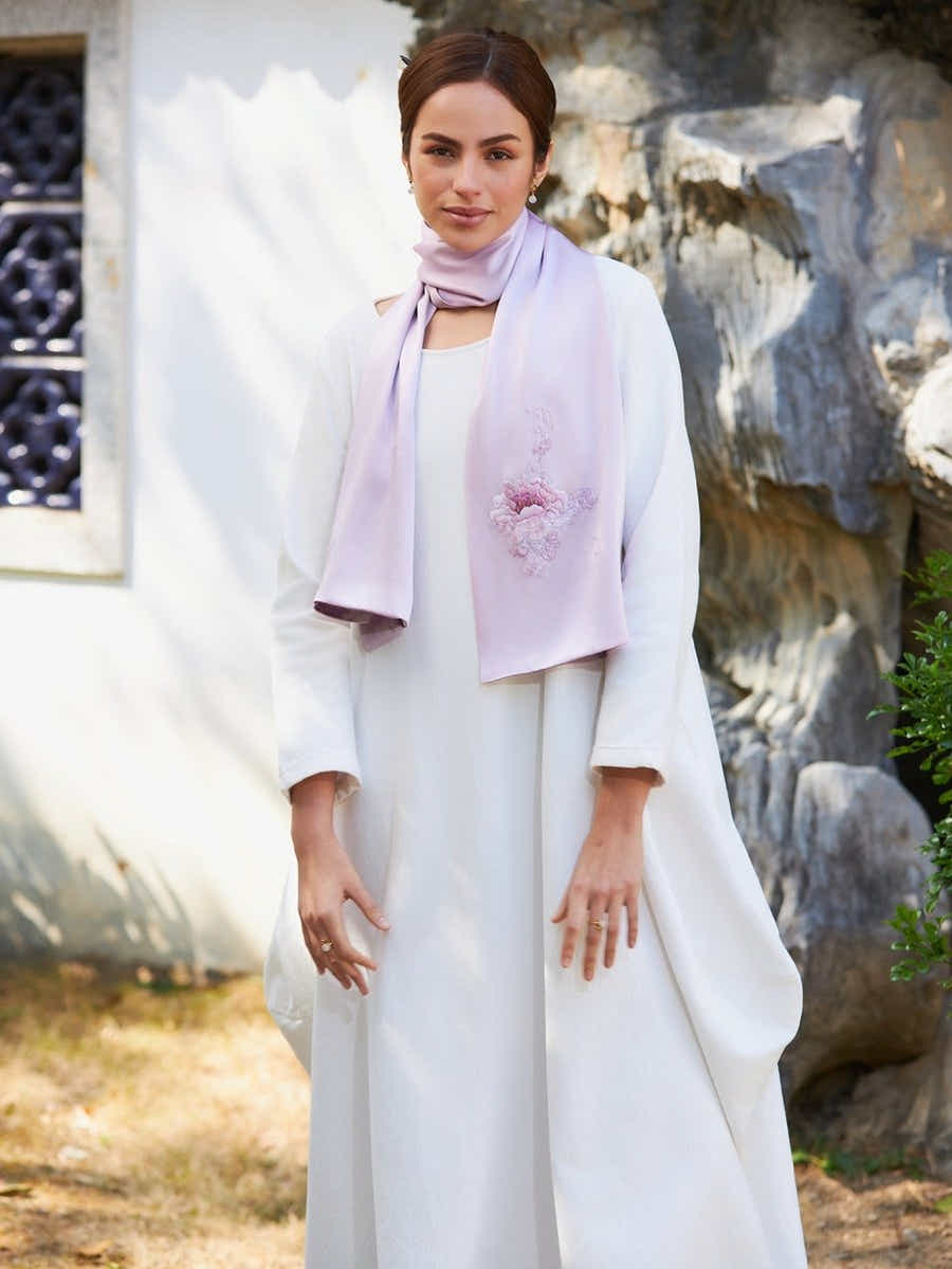 Hand - Embroidered Su Xiu Mulberry Silk Scarf – Pink Peony - Yomkey