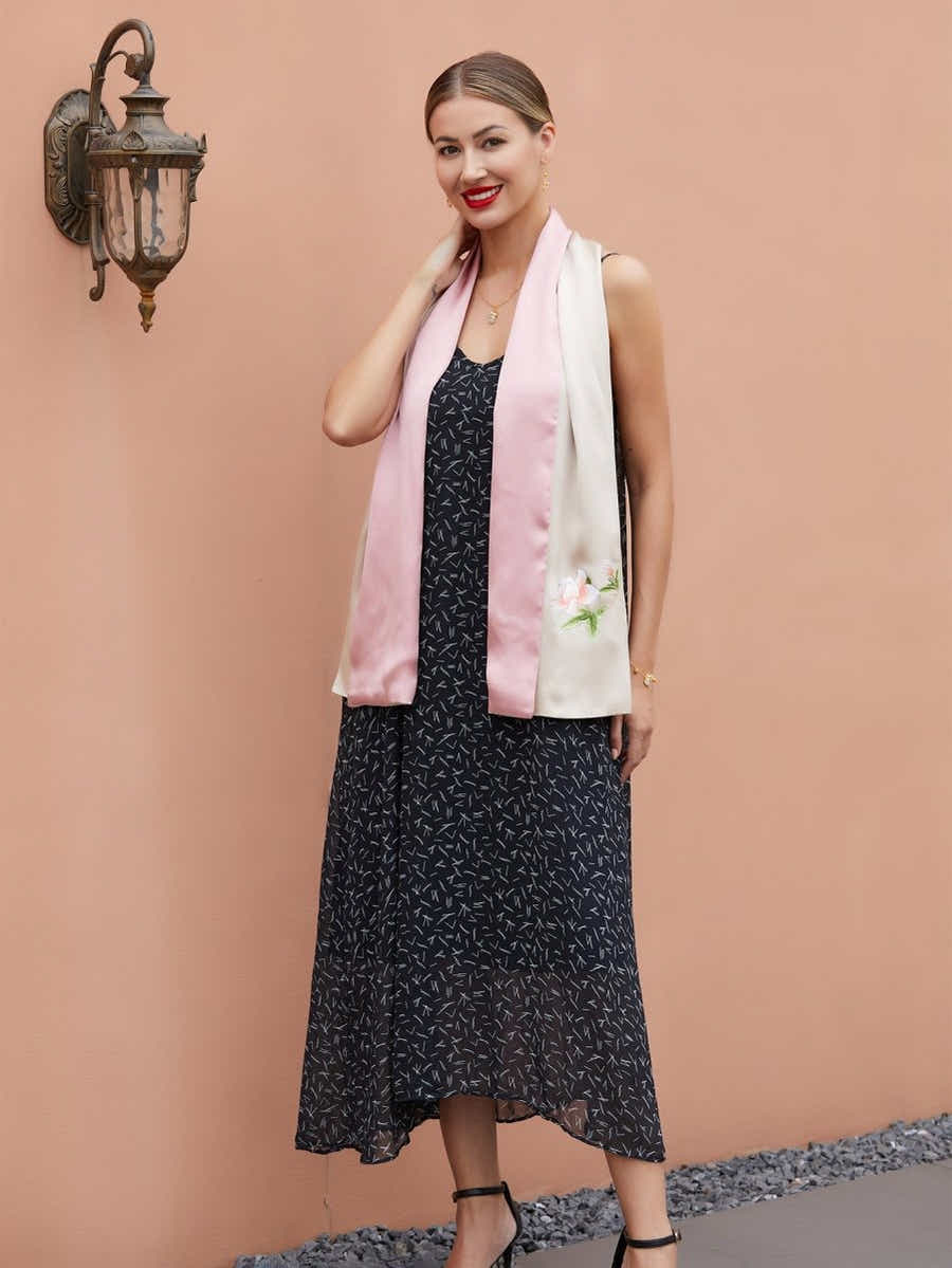 Hand - Embroidered Suzhou Silk Scarf – Champagne Pink Orange Blossom - Yomkey