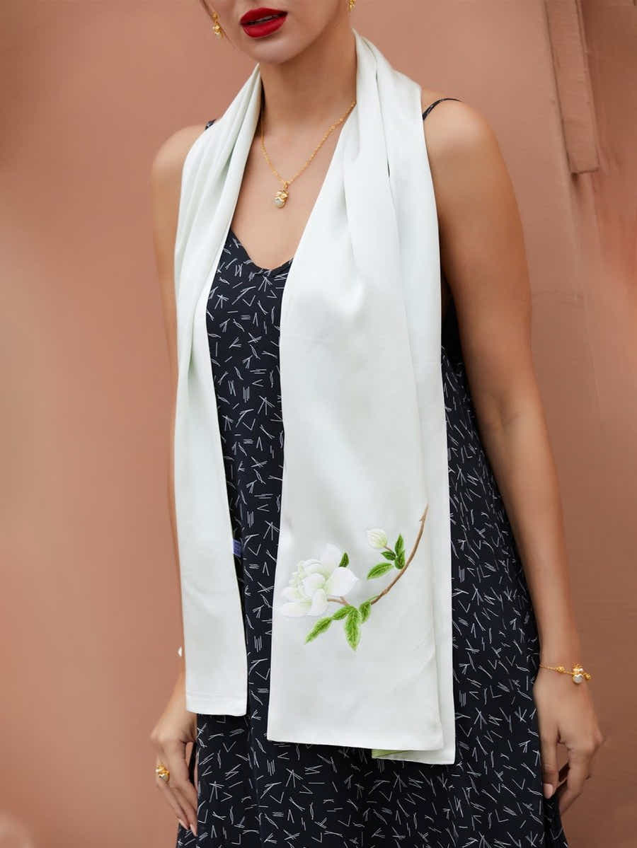 Hand - Embroidered Suzhou Silk Scarf – White Orange Blossom - Yomkey