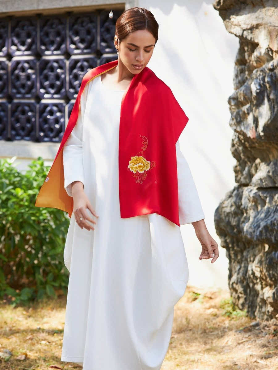 Handmade Su Xiu Silk Scarf – Gold Peony Embroidery on Mulberry Silk - Yomkey