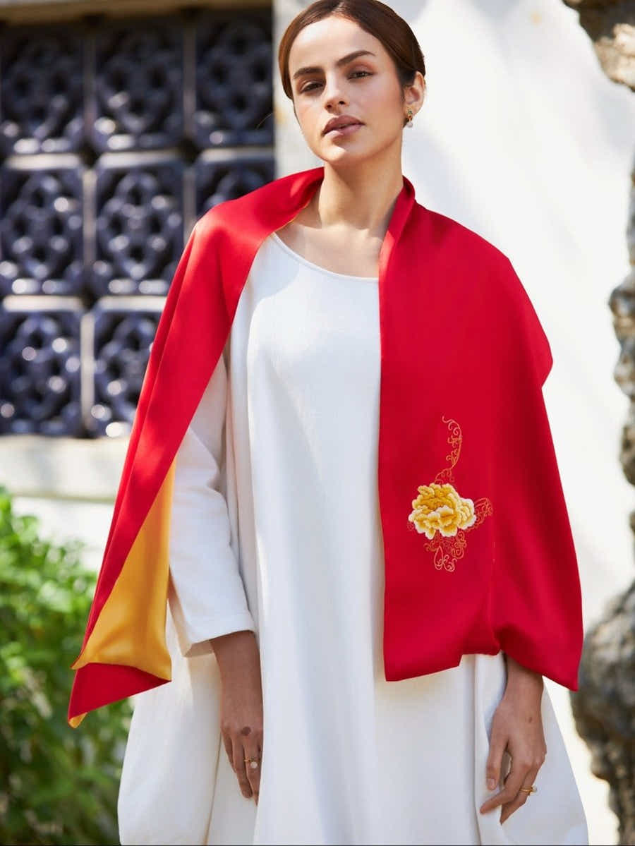 Handmade Su Xiu Silk Scarf – Gold Peony Embroidery on Mulberry Silk - Yomkey